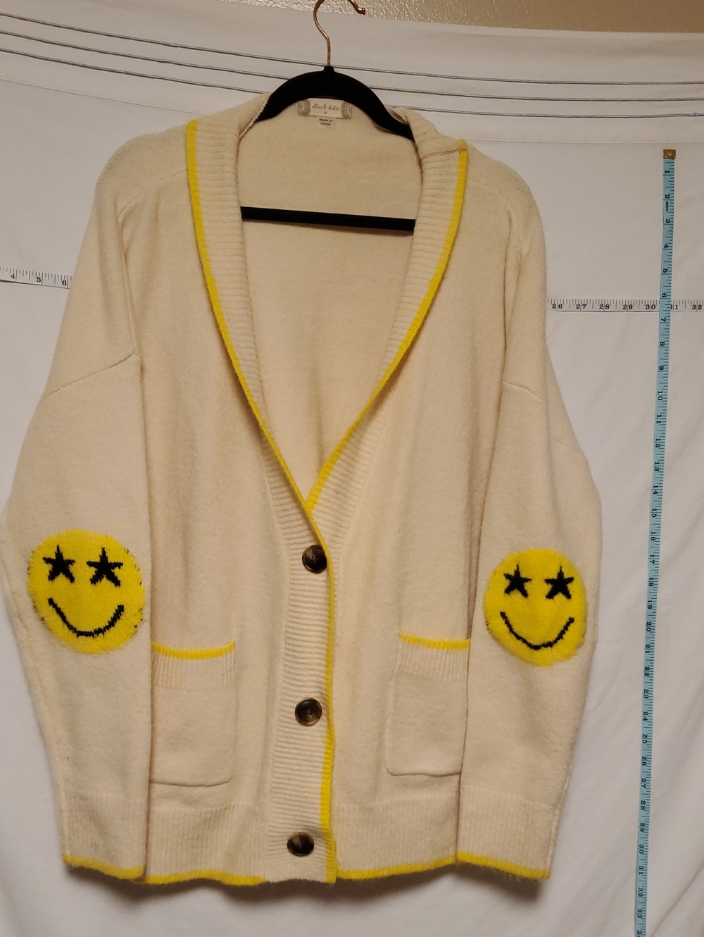 Altar'd State Cream Cardigan with Yellow Smiley Elbow Patches